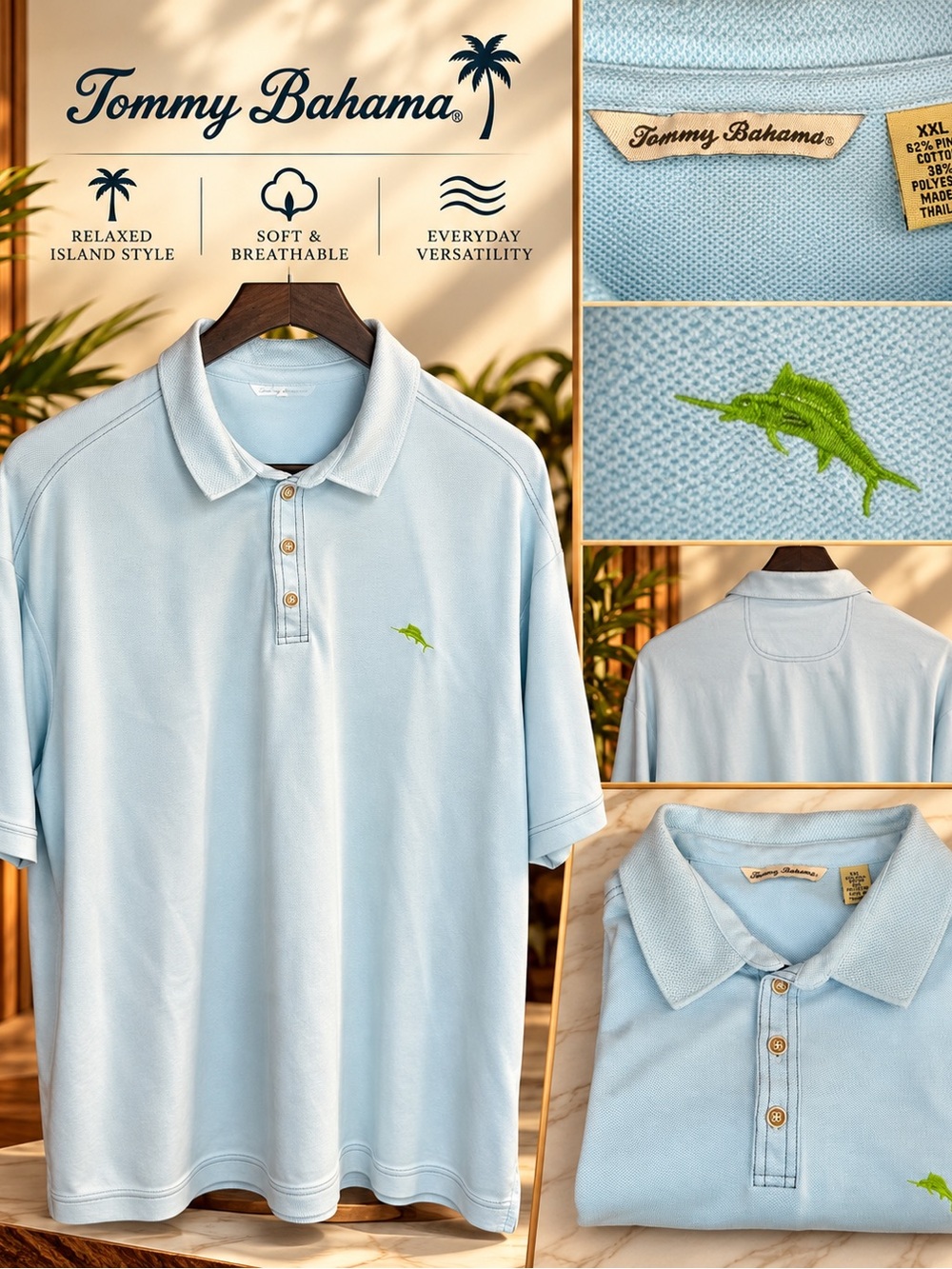 Tommy Bahama Men's Light Blue Pique Polo Shirt XXL